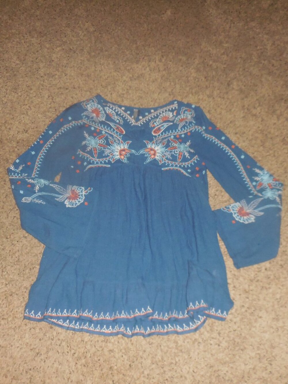 Monoreno Boho Blouse Blue Embroidered S